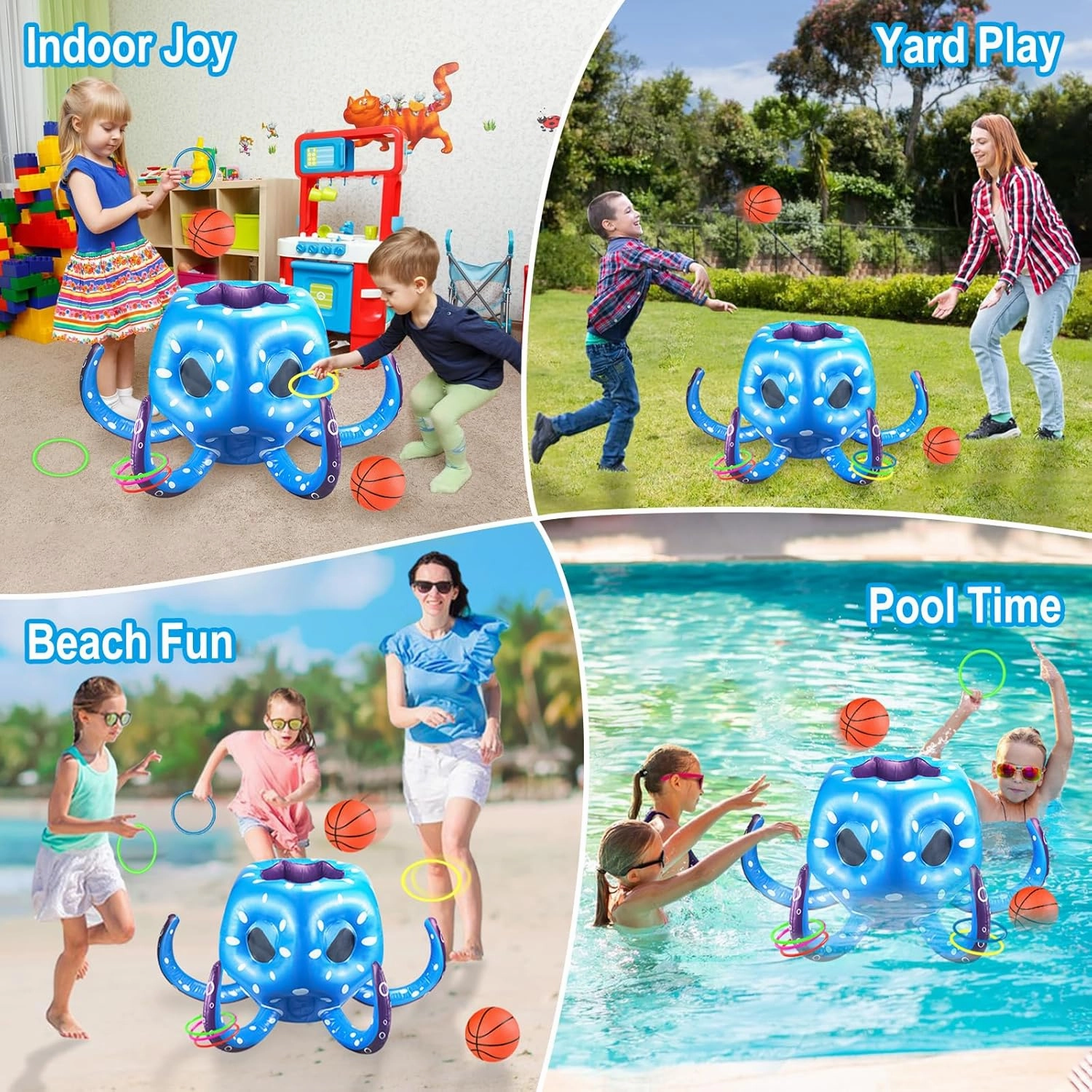 Kids Octopus Pool Toys, 2-in-1 Inflatable Basketball Hoop Ring Toss Outside Games, Toddler Indoor Outdoor Water Play, Cool Summer Beach Family Party Gift 3 4 5 6 7 8 Yr Old Boy Girl Teen