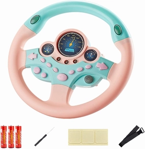 Kids Steering Wheel Toy with Light and Music, Car Backseat Simulated Driving Steering Wheel Gifts Toys (Pink)