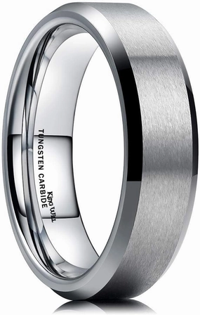 King Will Tungsten Men's Wedding Ring - Available in 6mm to 10mm, Black/Silver, Matte Finish, Beveled Polished Edge, Comfort Fit
