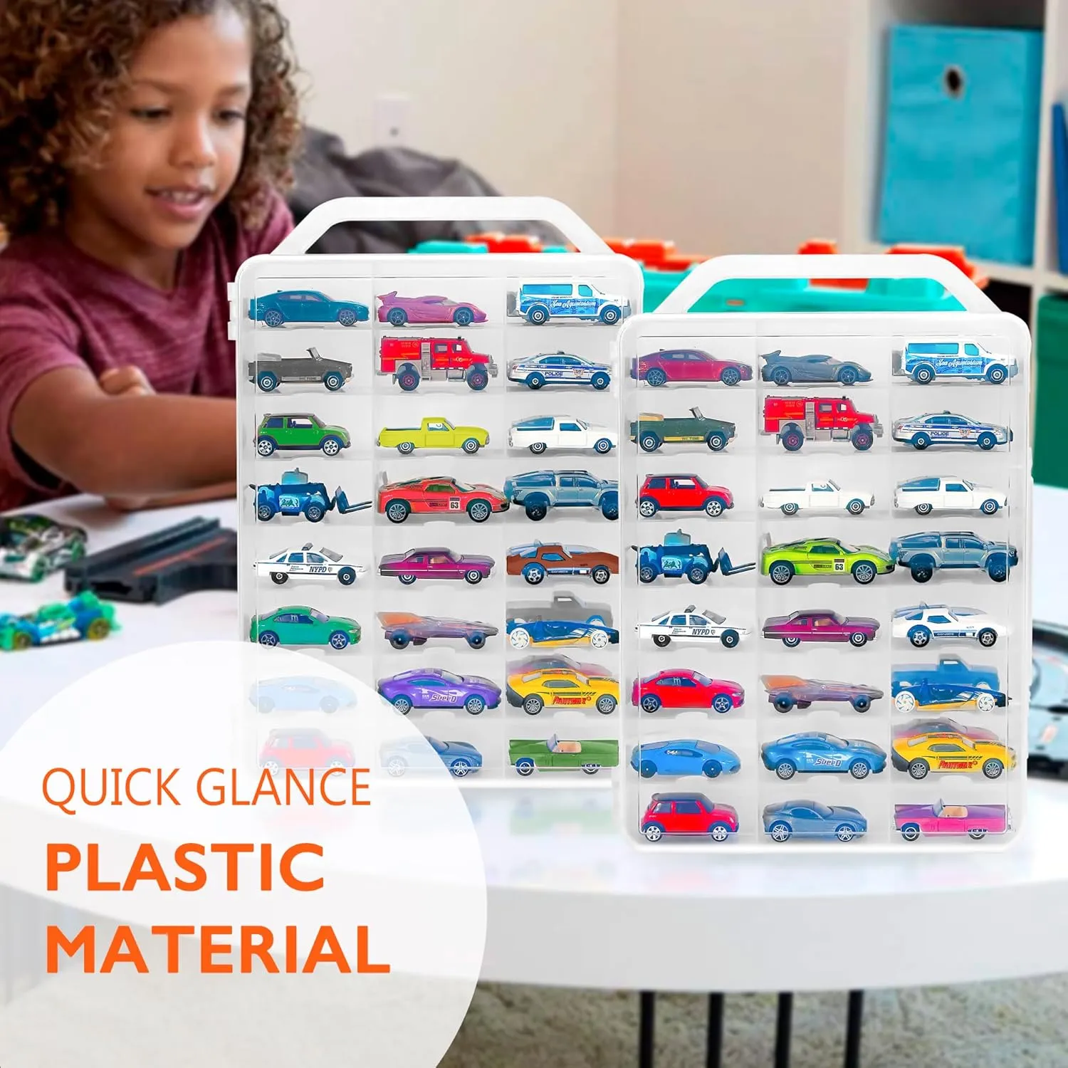 KISLANE Double Sided Toy Car Storage Case for 48 Toy Cars, Matchbox Cars, Mini Toys, Small Dolls, Portable Storage Case for Toy Cars, Matchbox Cars with 46 Slots, Case Only (Transparent-2 Pack)