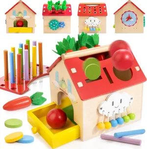 Kizfarm Wooden Montessori Activity House, 7-in-1 Multifunctional Wooden House for 12M  Toddlers, Boys & Girls One Year Old First Birthday Gift, Baby Toy Set Including Object Permanent Play House