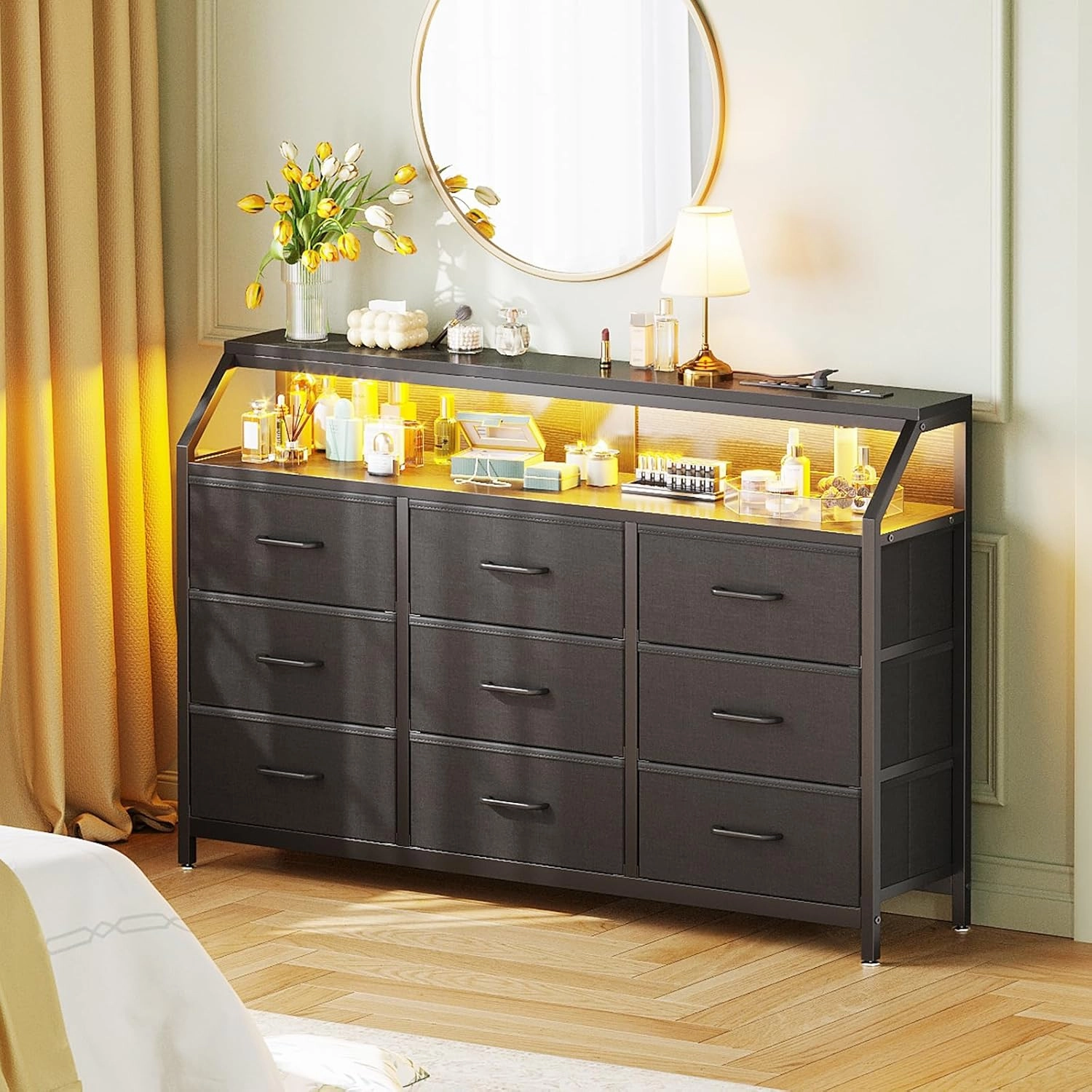 KKL Dresser for Bedroom with LED Lights, 9 Drawer Bedroom Dresser with Charging Station, Fabric Dressers & Storage Chest of Drawers with Shelves for Closet, Sturdy Steel Frame Wooden Top, Black