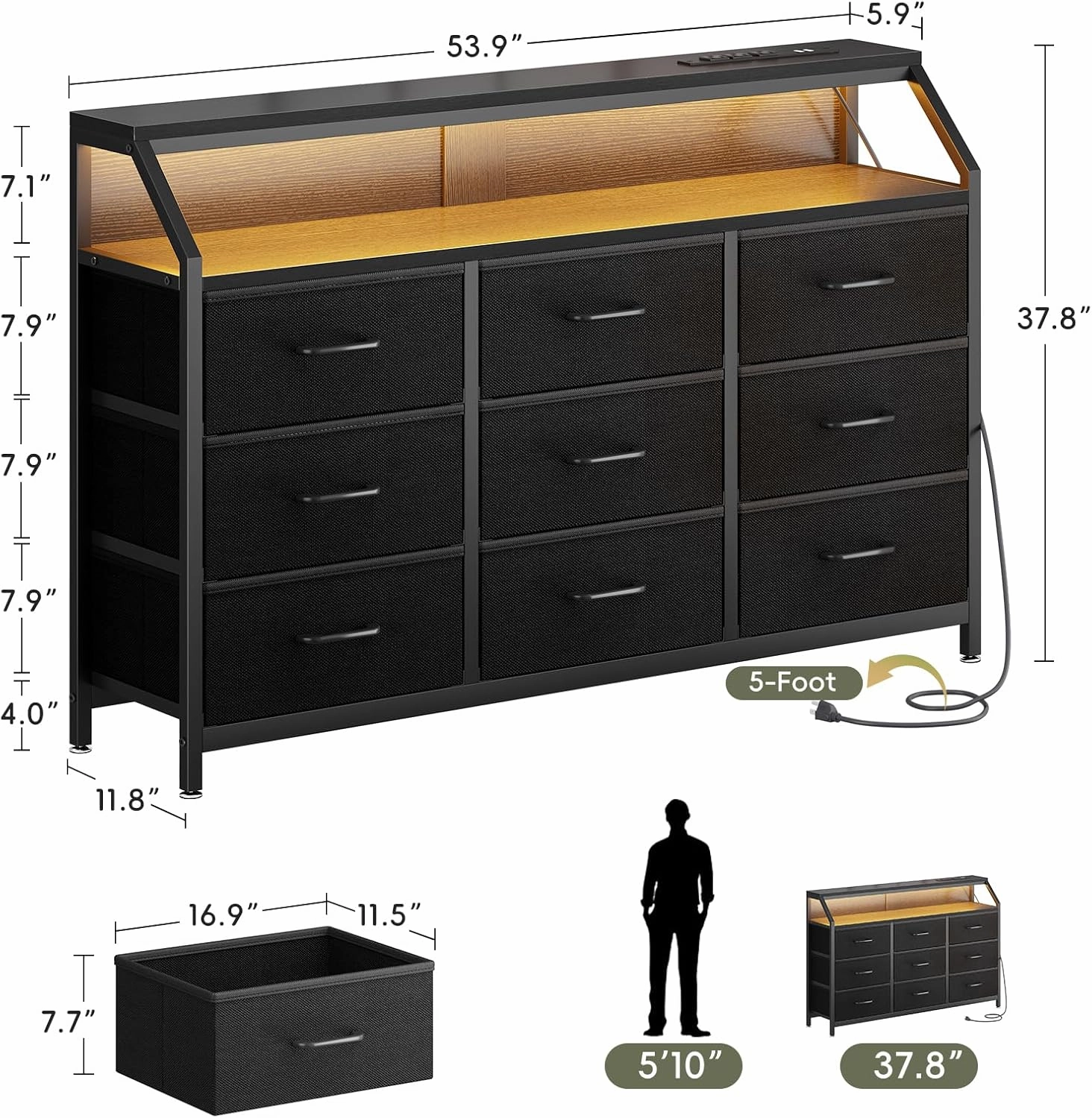 KKL Dresser for Bedroom with LED Lights, 9 Drawer Bedroom Dresser with Charging Station, Fabric Dressers & Storage Chest of Drawers with Shelves for Closet, Sturdy Steel Frame Wooden Top, Black