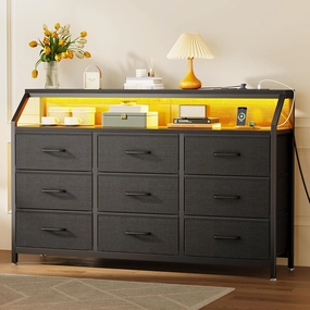 KKL Dresser for Bedroom with LED Lights, 9 Drawer Bedroom Dresser with Charging Station, Fabric Dressers & Storage Chest of Drawers with Shelves for Closet, Sturdy Steel Frame Wooden Top, Black