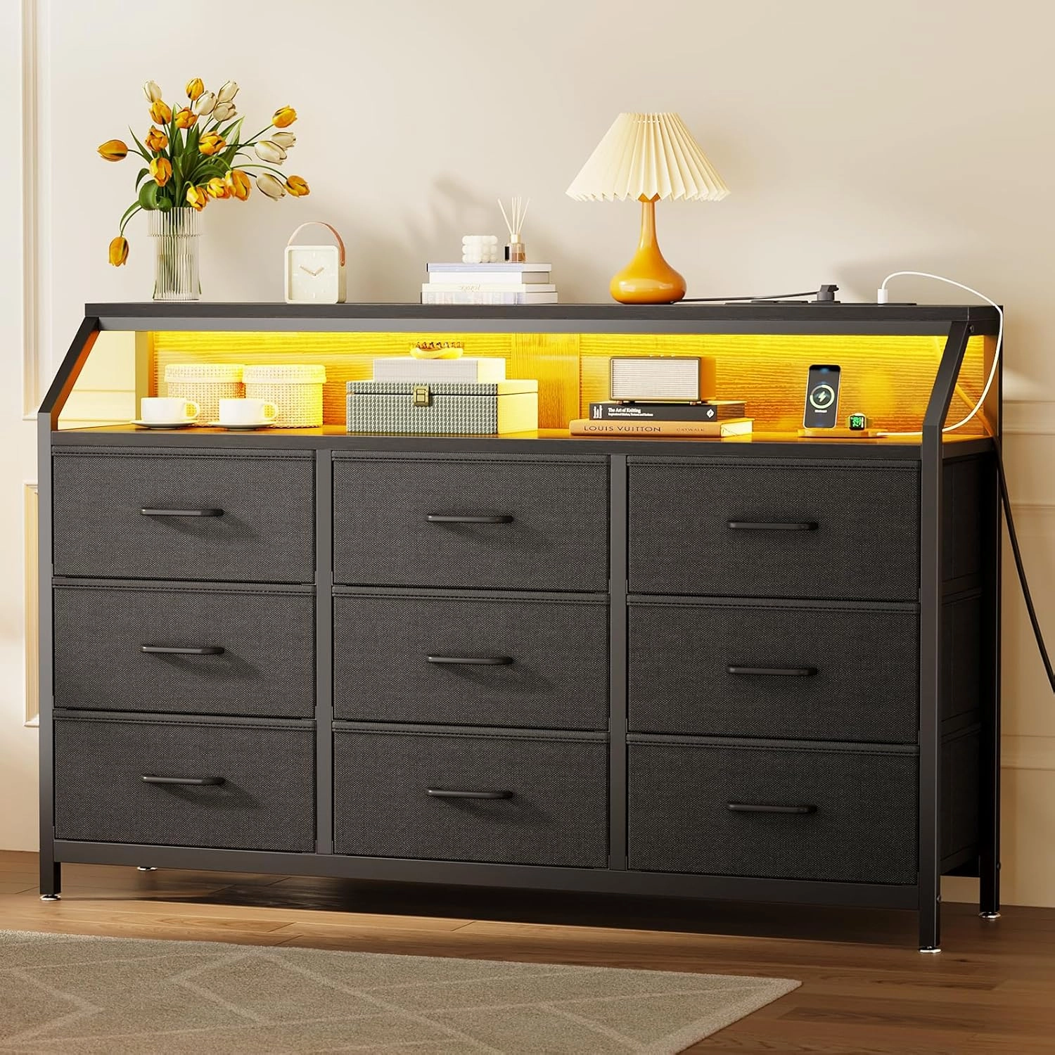 KKL Dresser for Bedroom with LED Lights, 9 Drawer Bedroom Dresser with Charging Station, Fabric Dressers & Storage Chest of Drawers with Shelves for Closet, Sturdy Steel Frame Wooden Top, Black