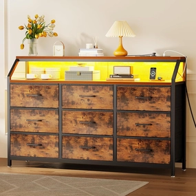 KKL Dresser for Bedroom with LED Lights, 9 Drawer Bedroom Dresser with Charging Station, Fabric Dressers & Storage Chest of Drawers with Shelves for Closet, Sturdy Steel Frame Wooden Top, Vintage