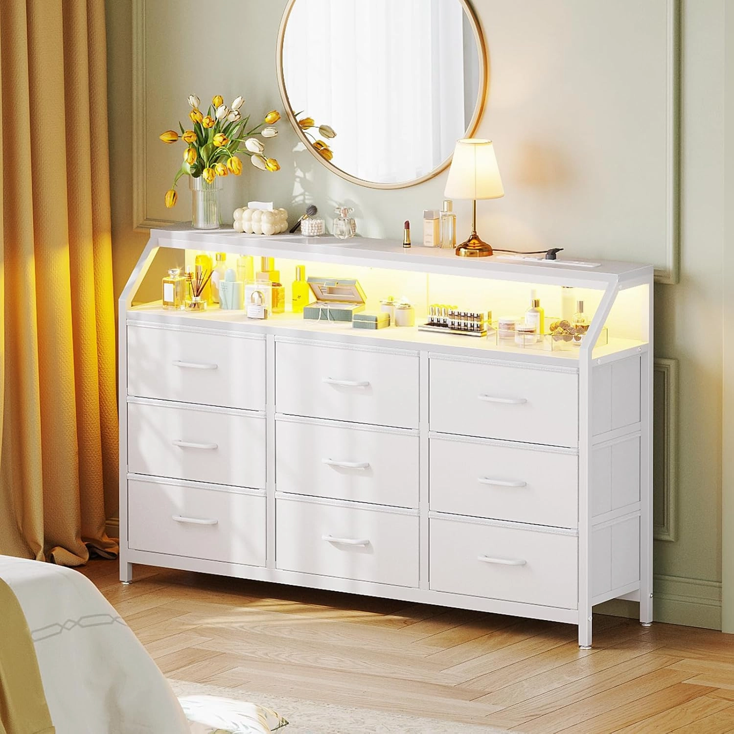 KKL Dresser for Bedroom with LED Lights, 9 Drawer Bedroom Dresser with Charging Station, Fabric Dressers & Storage Chest of Drawers with Shelves for Closet, Sturdy Steel Frame Wooden Top, White