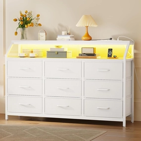 KKL Dresser for Bedroom with LED Lights, 9 Drawer Bedroom Dresser with Charging Station, Fabric Dressers & Storage Chest of Drawers with Shelves for Closet, Sturdy Steel Frame Wooden Top, White