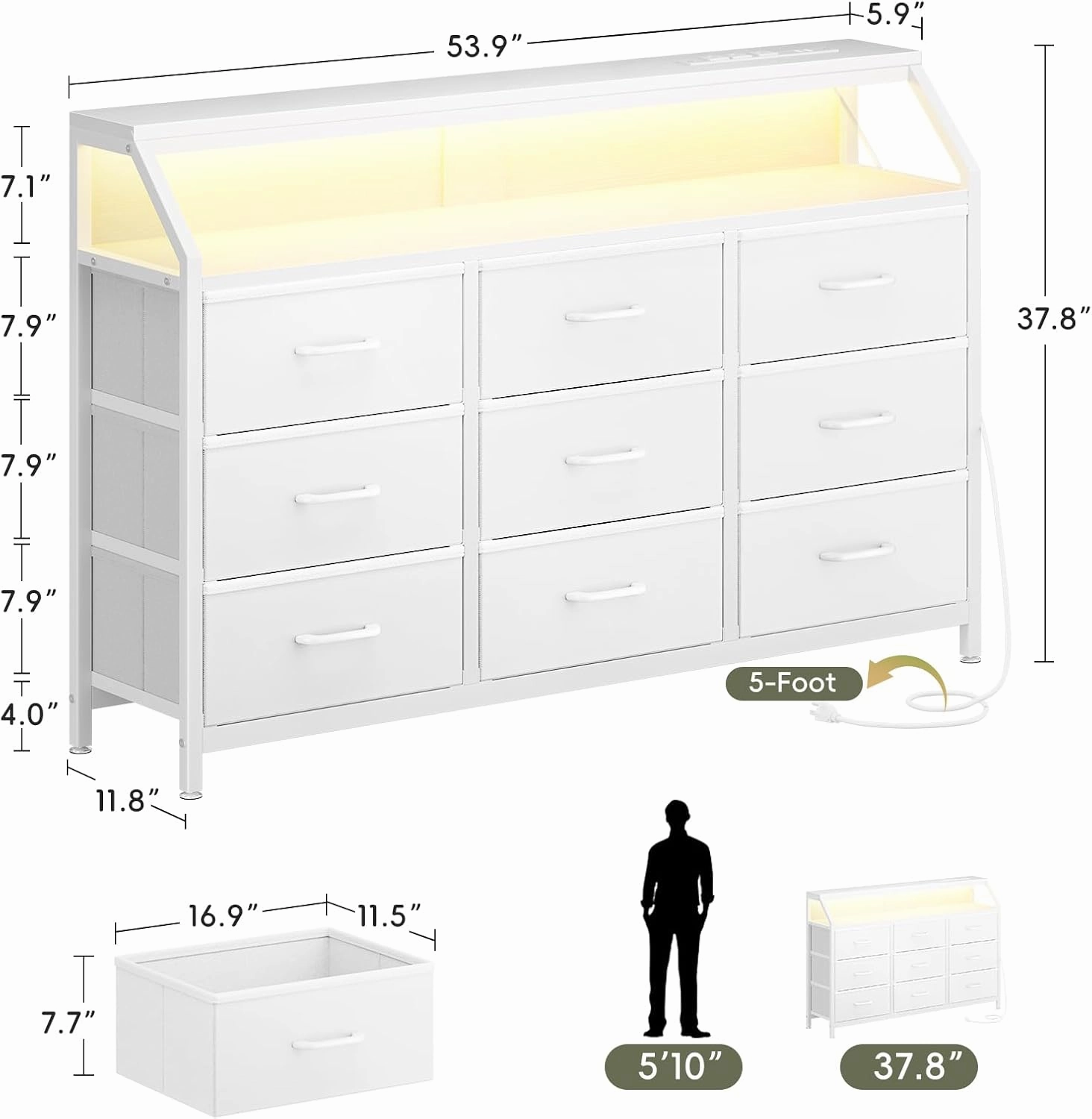 KKL Dresser for Bedroom with LED Lights, 9 Drawer Bedroom Dresser with Charging Station, Fabric Dressers & Storage Chest of Drawers with Shelves for Closet, Sturdy Steel Frame Wooden Top, White