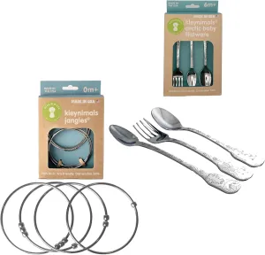 Kleynimals Stainless Steel Baby Essentials Set - Baby Flatware & Jangles, Teething Rattle Combo - Non-Toxic, BPA-Free, Eco-Friendly, Made in USA