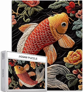 Koi Fish Floral Embroidery Puzzle 1000 Pcs Chinese Style Tail Detail Challenging Family Activity Games Colorful DIY Craft Puzzle for Home Decor Gifts
