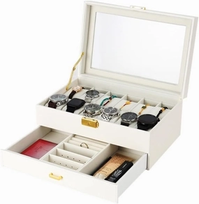 KYUSAR Watch Box Watch Holder Watch Box Double Layer Leather Wood Ring Necklace Jewelry Storage Organizer Container Display Grids Watch Box Watch Case