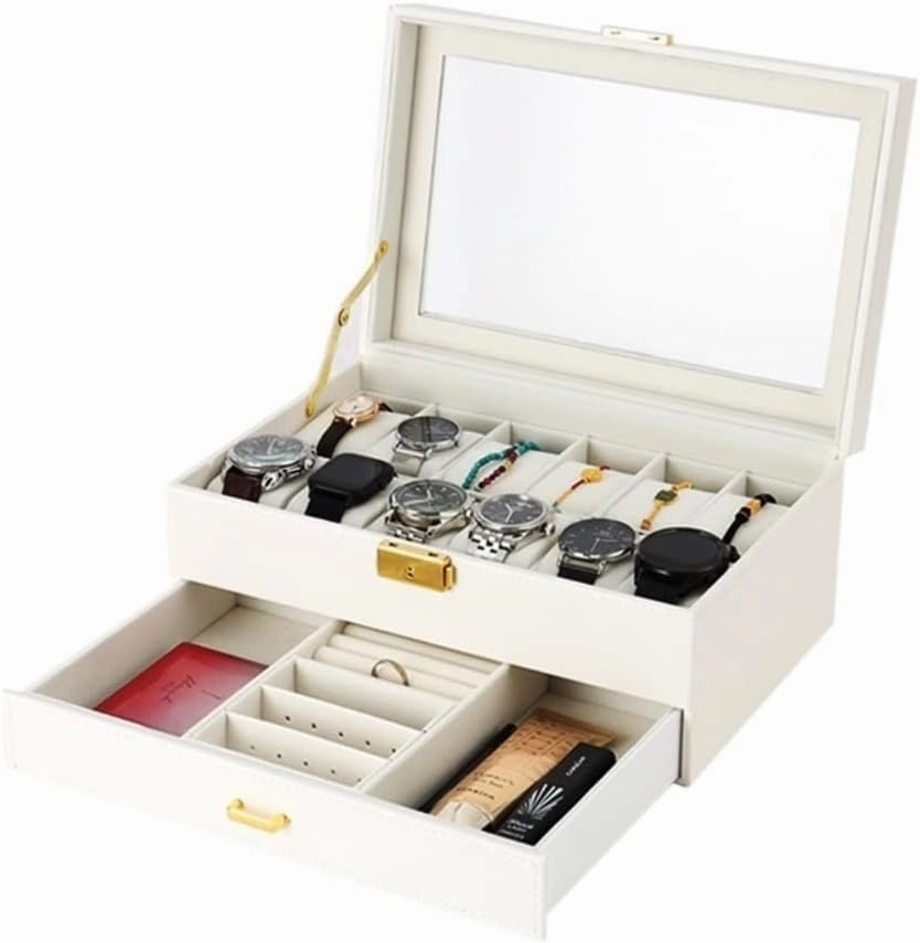 KYUSAR Watch Box Watch Holder Watch Box Double Layer Leather Wood Ring Necklace Jewelry Storage Organizer Container Display Grids Watch Box Watch Case