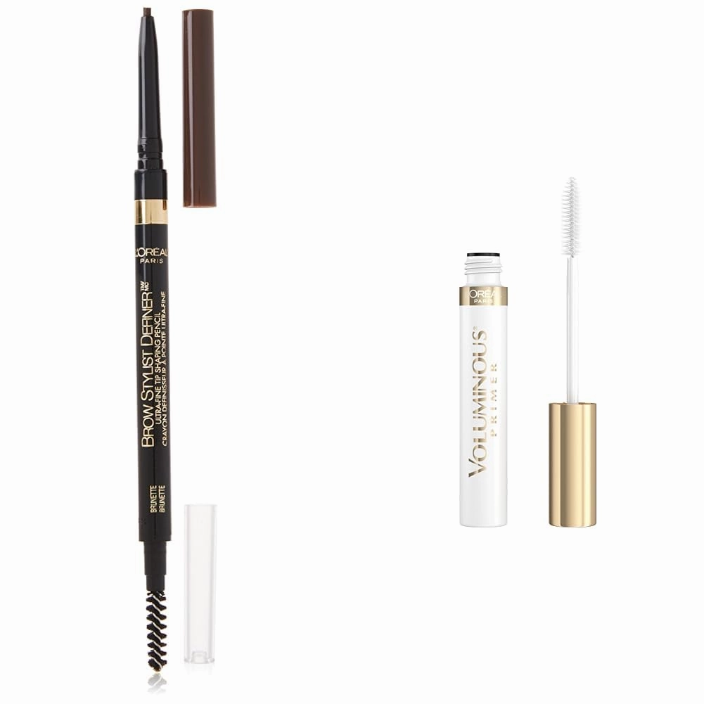 L'Oreal Paris Makeup Brow Stylist Definer Ultra-Fine Mechanical Pencil and Voluminous Lash Boosting Conditioning Primer Mascara Bundle, 0.003 Ounce Pencil and 0.24 fl oz Primer