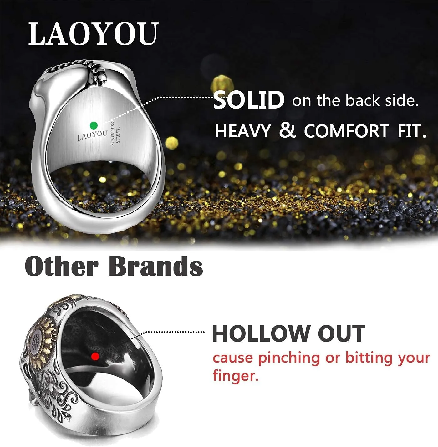 LAOYOU Skull Ring for Men | Mens Stainless Steel Vintage Skull Bottle Opener Rings, Big Solid Heavy Gothic Biker Ring Christmas Halloween Jewelry Gifts