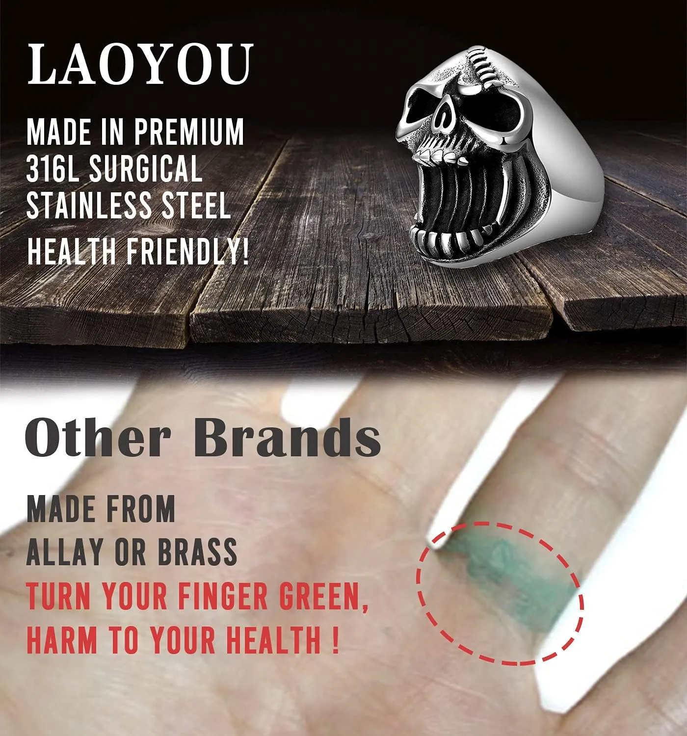 LAOYOU Skull Ring for Men | Mens Stainless Steel Vintage Skull Bottle Opener Rings, Big Solid Heavy Gothic Biker Ring Christmas Halloween Jewelry Gifts