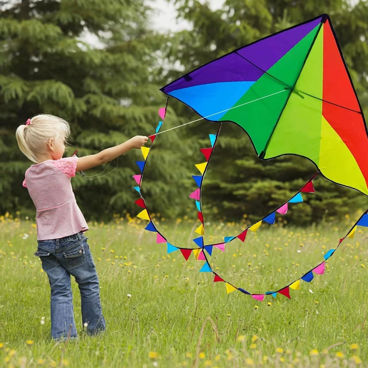 Large Rainbow Delta Kite for Kids & Adults,Single Line Beach Kite for Kids Ages 4-8 & 8-12,Easy to Fly for Toddlers and Beginners.
