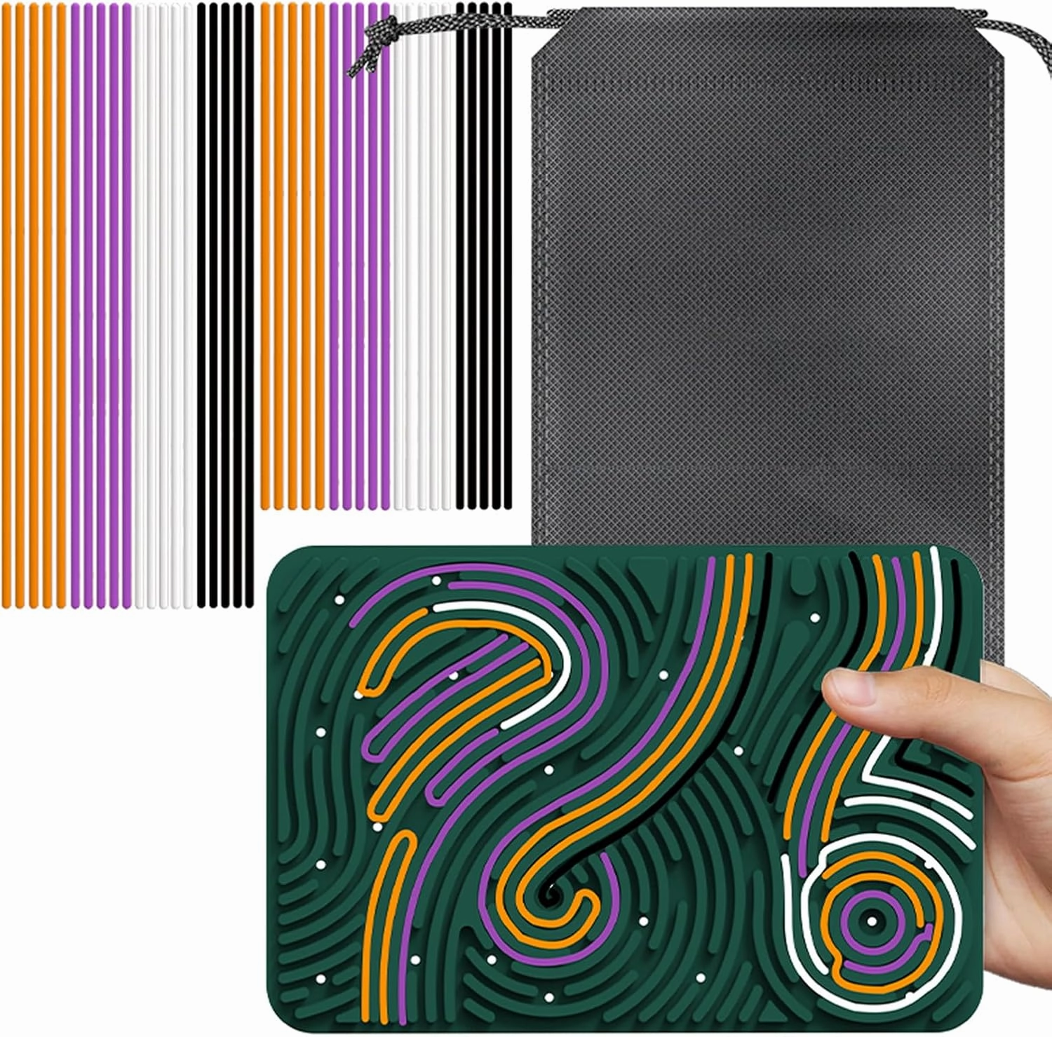 Large Sensory Activity Board, 11.6"*7.9" Double Side Silicone Design,Fidget Toy for ADHD & Autism,Calm Down,Kids 3  & Adults Activities for Travel,Portable with Travel Bag & 40 Strings,Dark Green
