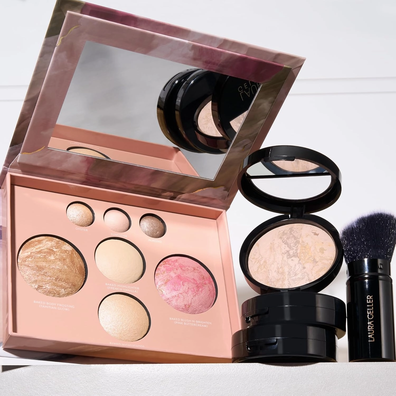 LAURA GELLER NEW YORK Baked Starter Kit: Porcelain - Best of the Best Full Face Palette   Baked Balance-n-Brighten Powder Foundation   Retractable Angled Kabuki Brush Set