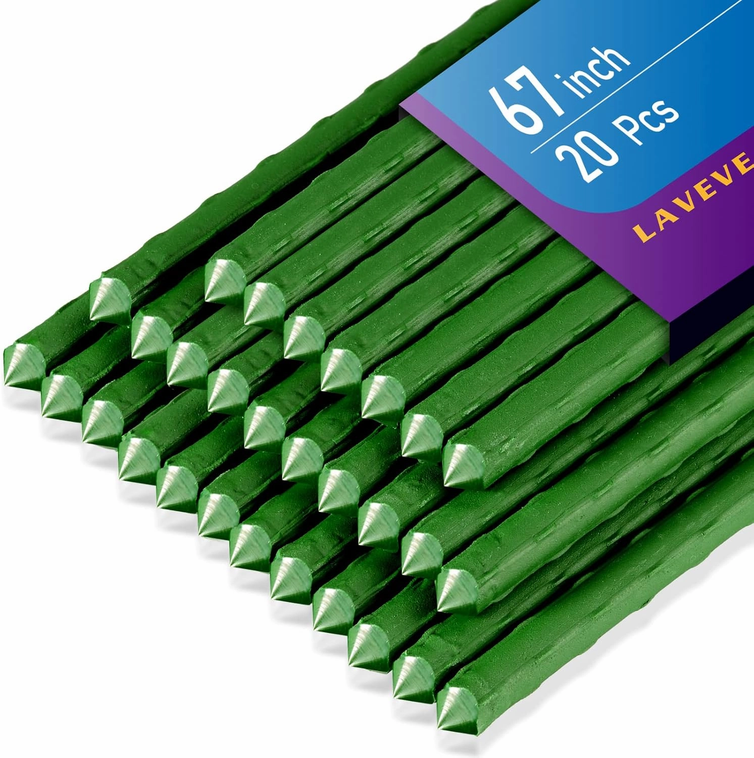 LAVEVE Garden Stakes 67 Inches Heavy Duty Steel Tomato Stake, Plastic Coated Support for Securing Trees, Climbing Plants, Cucumber, Beans, Pack of 20