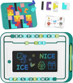 LCD Writing Tablet for Kids Quality Decent Learning Toy Gift Drawing Writing Board with 26 Letters Word Cards Block Puzzles Educational Toys Homeschool Class School Learning Tool for Kids Girls Boys