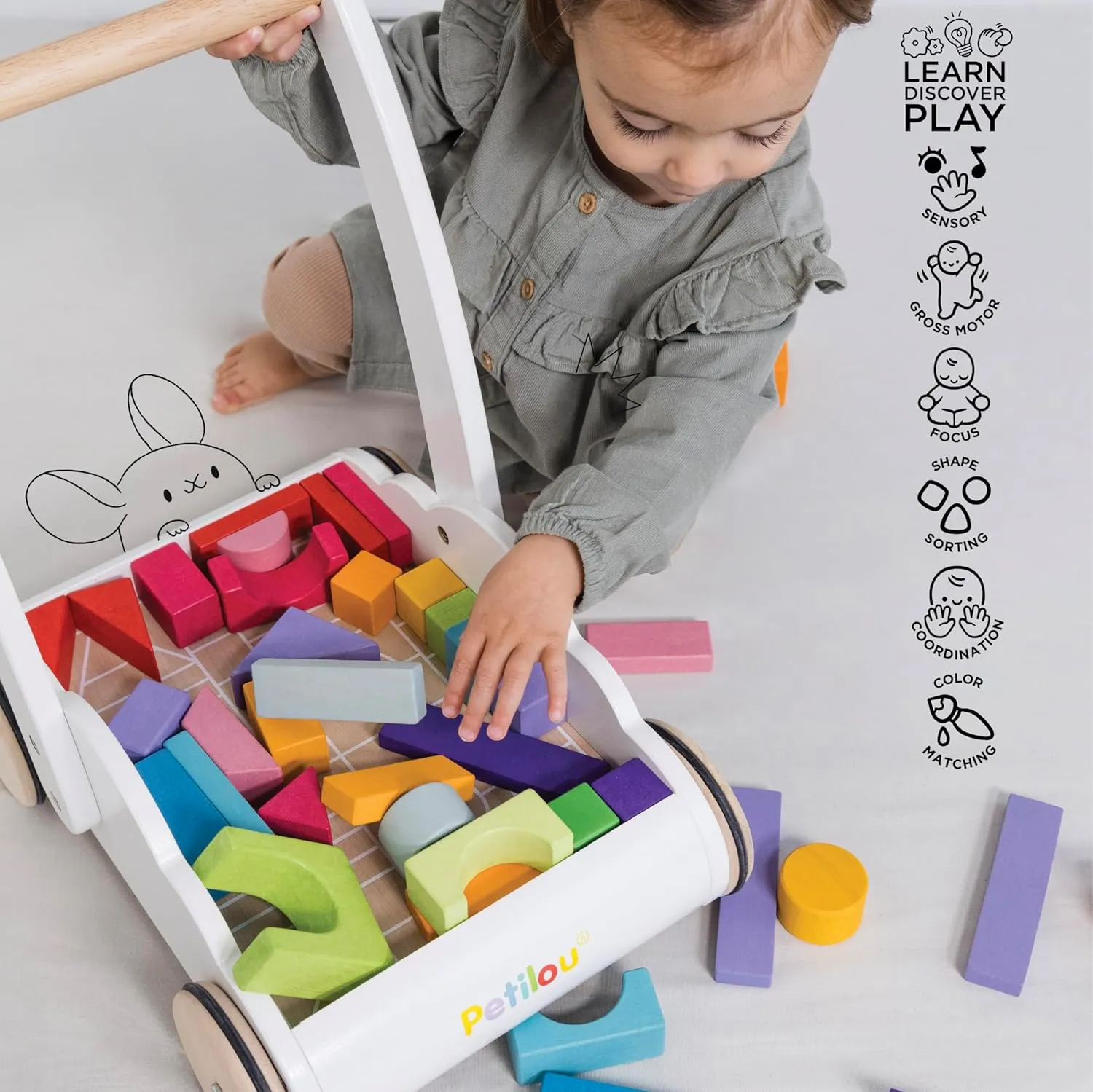 Le Toy Van - Petilou Wooden Walker Toy for Toddlers and Babies | Educational Rainbow Cloud Walker | Suitable for A Boy Or Girl 1 Year Old  , Multi, 45 Blocks (PL102)