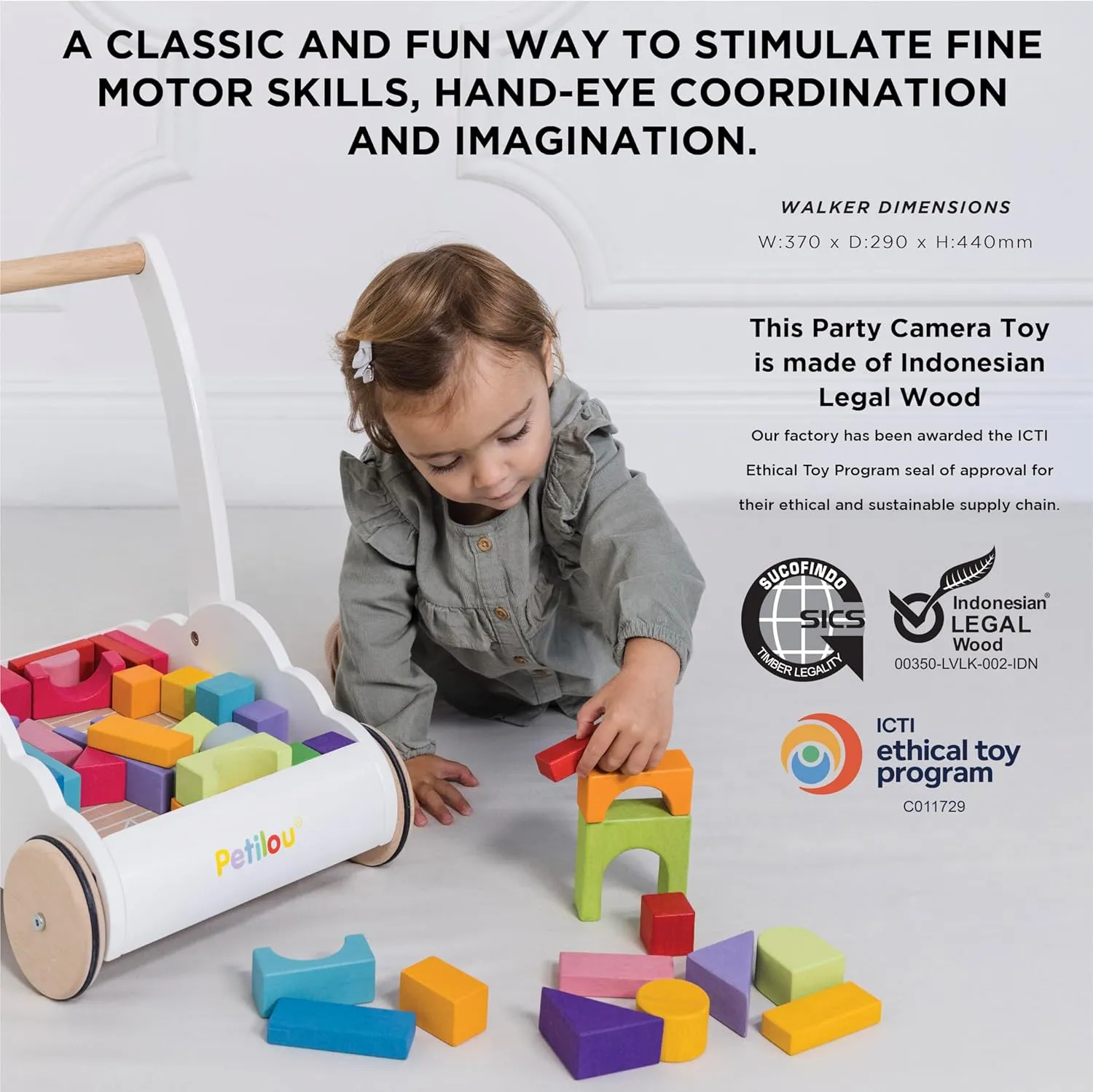 Le Toy Van - Petilou Wooden Walker Toy for Toddlers and Babies | Educational Rainbow Cloud Walker | Suitable for A Boy Or Girl 1 Year Old  , Multi, 45 Blocks (PL102)