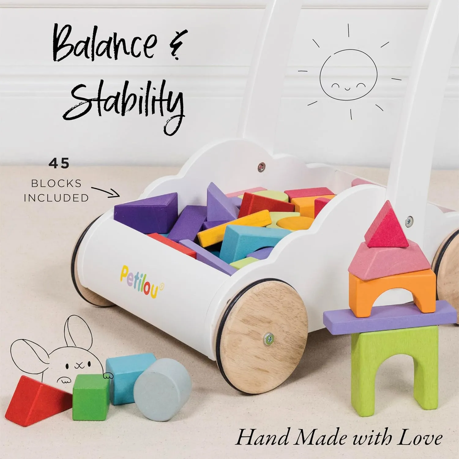 Le Toy Van - Petilou Wooden Walker Toy for Toddlers and Babies | Educational Rainbow Cloud Walker | Suitable for A Boy Or Girl 1 Year Old  , Multi, 45 Blocks (PL102)