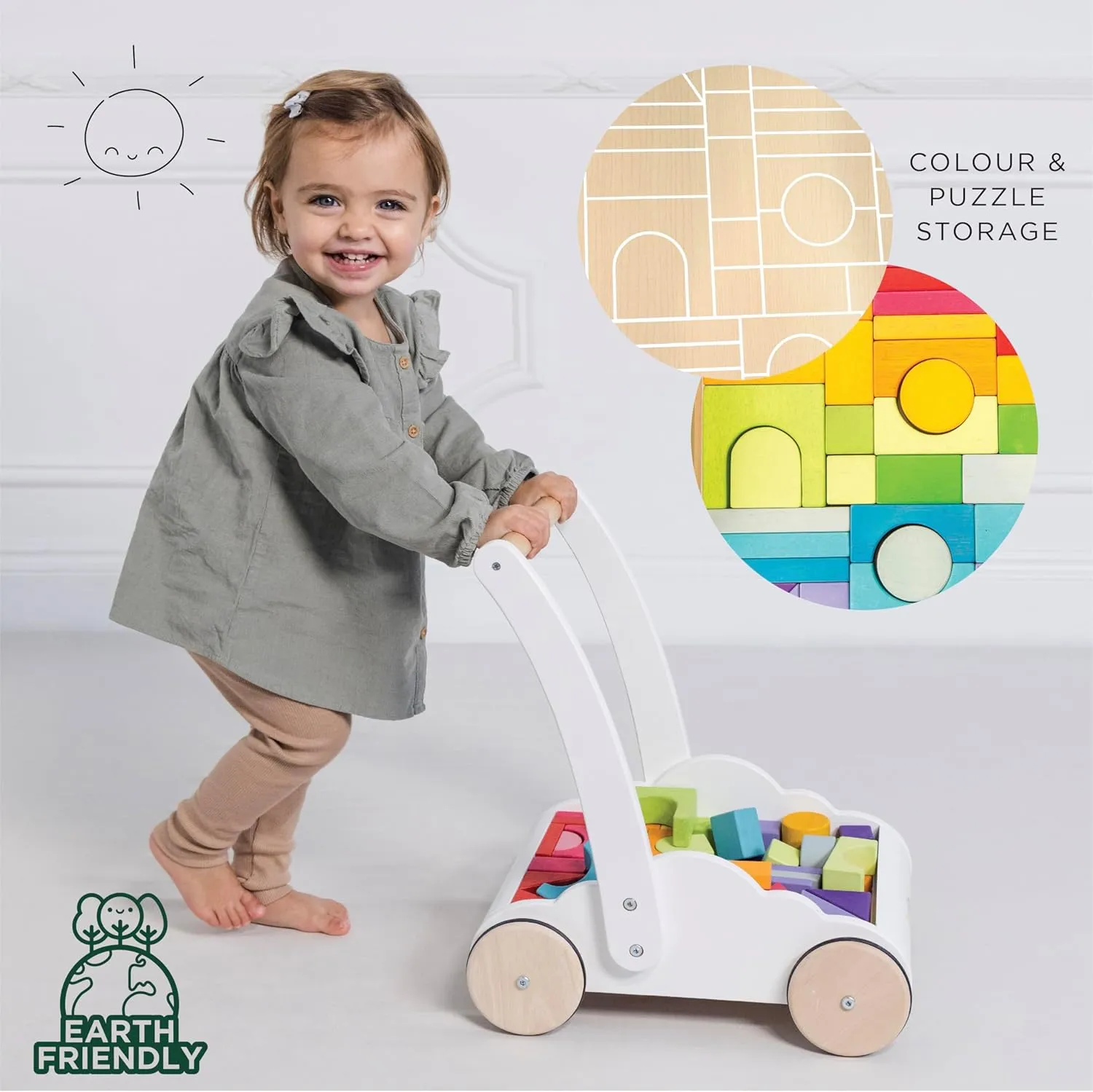 Le Toy Van - Petilou Wooden Walker Toy for Toddlers and Babies | Educational Rainbow Cloud Walker | Suitable for A Boy Or Girl 1 Year Old  , Multi, 45 Blocks (PL102)