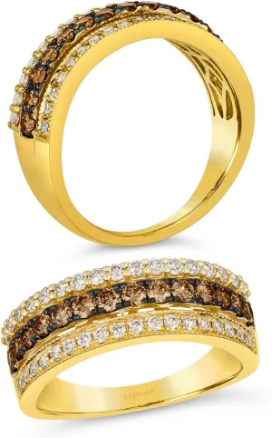 LE VIAN 0.92 Carat White and Chocolate Diamond Triple Row Wedding Band Ring for Women I 14k Yellow Gold Ring for Her (Brown, I1-I2, 0.92 cttw) Anniversary Promise Band Size 4 to 10