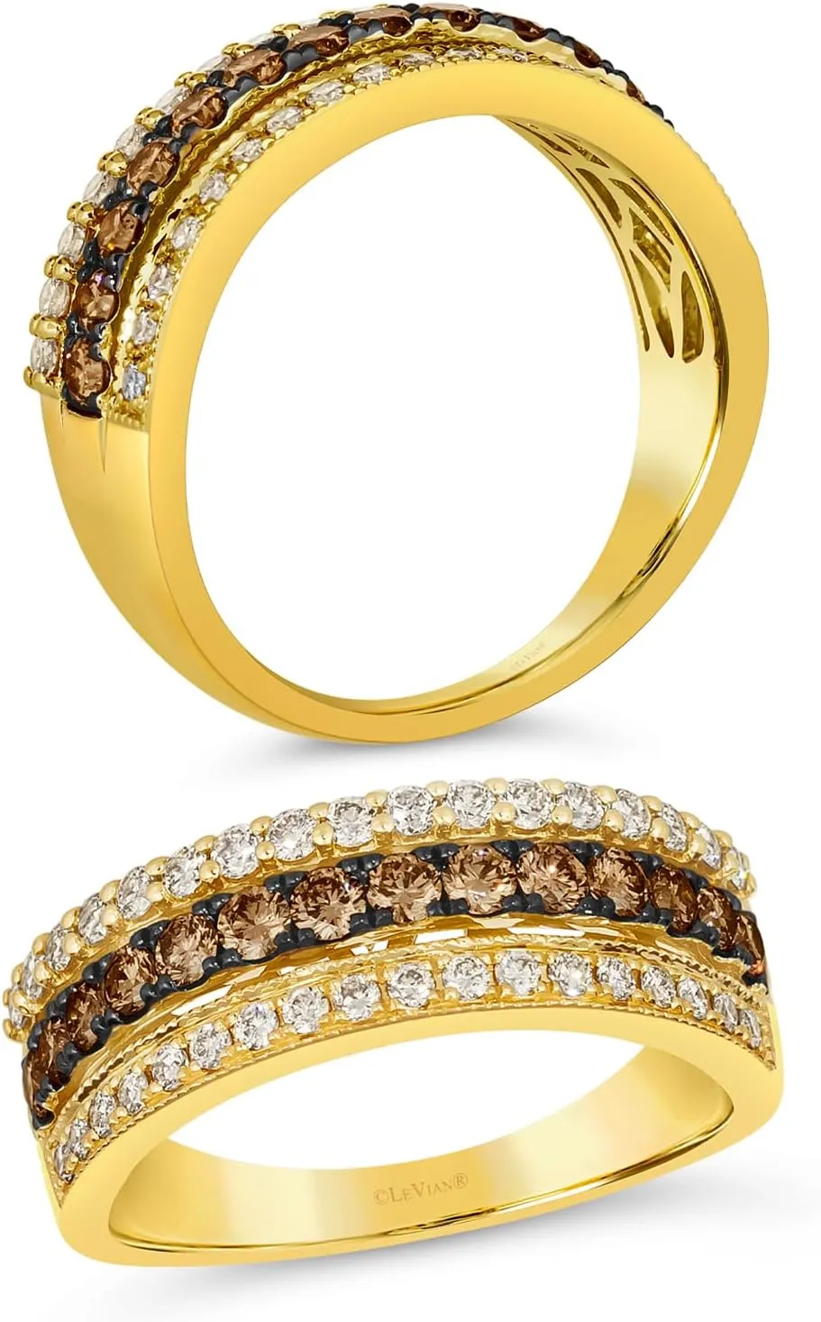 LE VIAN 0.92 Carat White and Chocolate Diamond Triple Row Wedding Band Ring for Women I 14k Yellow Gold Ring for Her (Brown, I1-I2, 0.92 cttw) Anniversary Promise Band Size 4 to 10