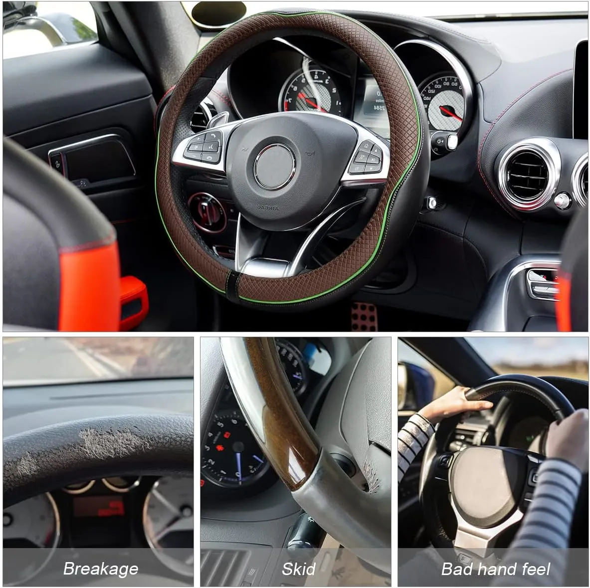 Leather Steering Wheel Cover, Soft Breathable Anti-Slip Protector for Car, Truck, SUV - Universal Fit 15 Inch for Women and Men (Black/Coffee)