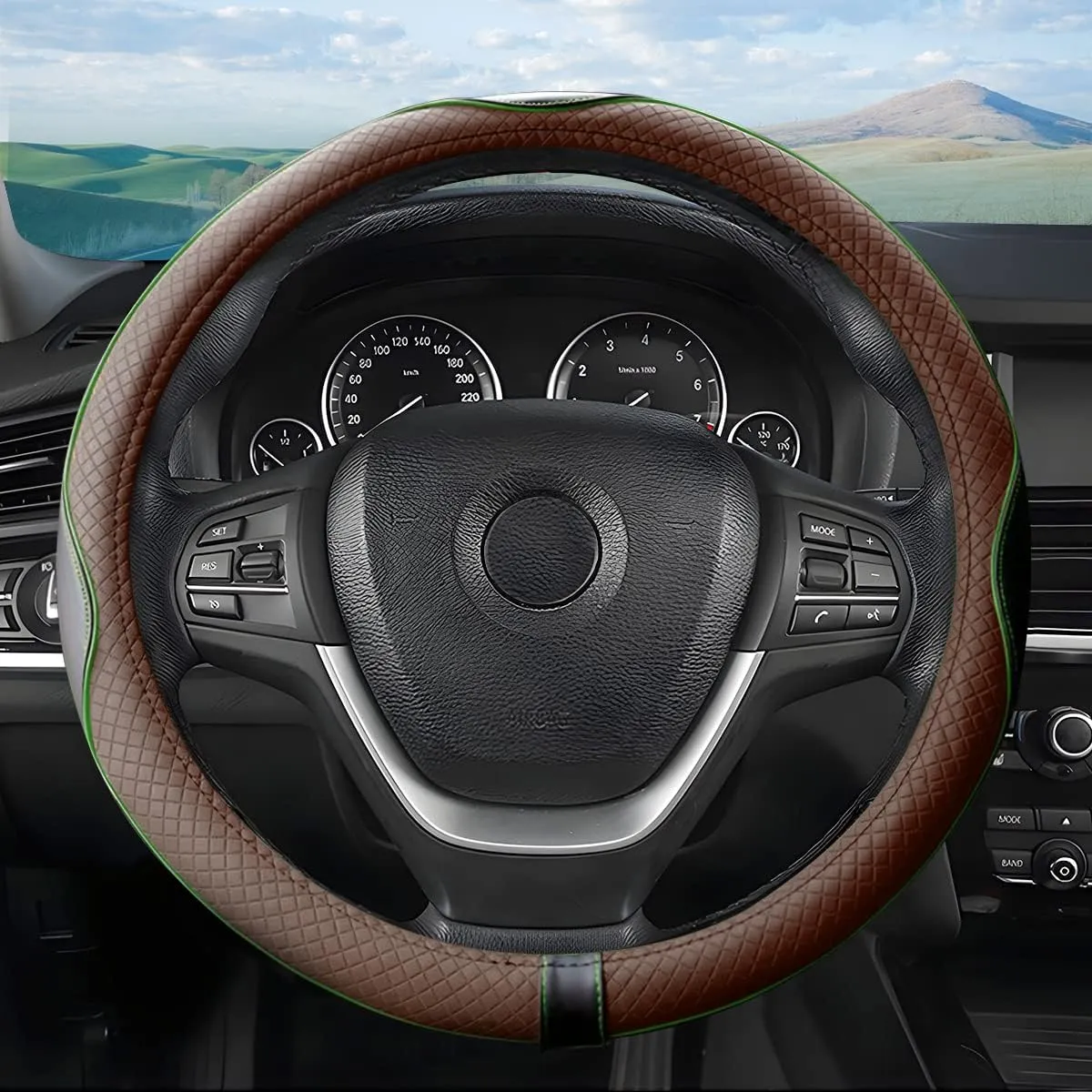Leather Steering Wheel Cover, Soft Breathable Anti-Slip Protector for Car, Truck, SUV - Universal Fit 15 Inch for Women and Men (Black/Coffee)