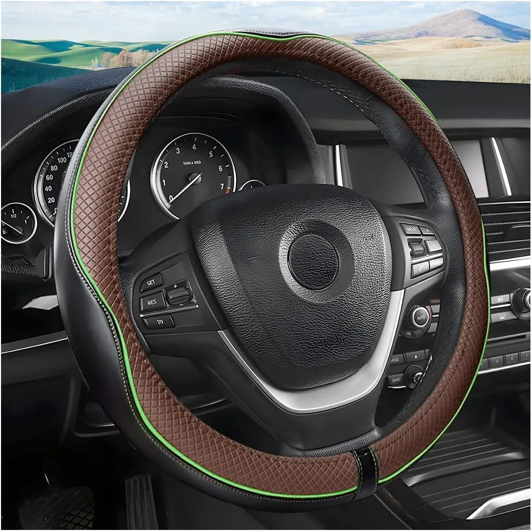 Leather Steering Wheel Cover, Soft Breathable Anti-Slip Protector for Car, Truck, SUV - Universal Fit 15 Inch for Women and Men (Black/Coffee)