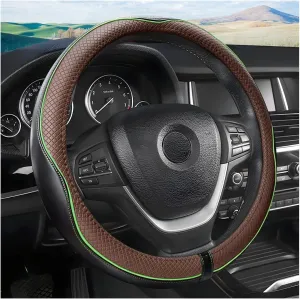Leather Steering Wheel Cover, Soft Breathable Anti-Slip Protector for Car, Truck, SUV - Universal Fit 15 Inch for Women and Men (Black/Coffee)