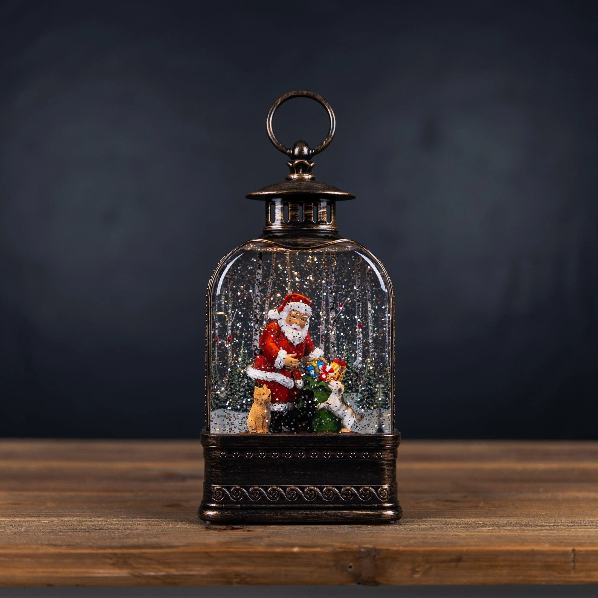 LED Snow Globe Lantern with Santa and Dog 11.25"H