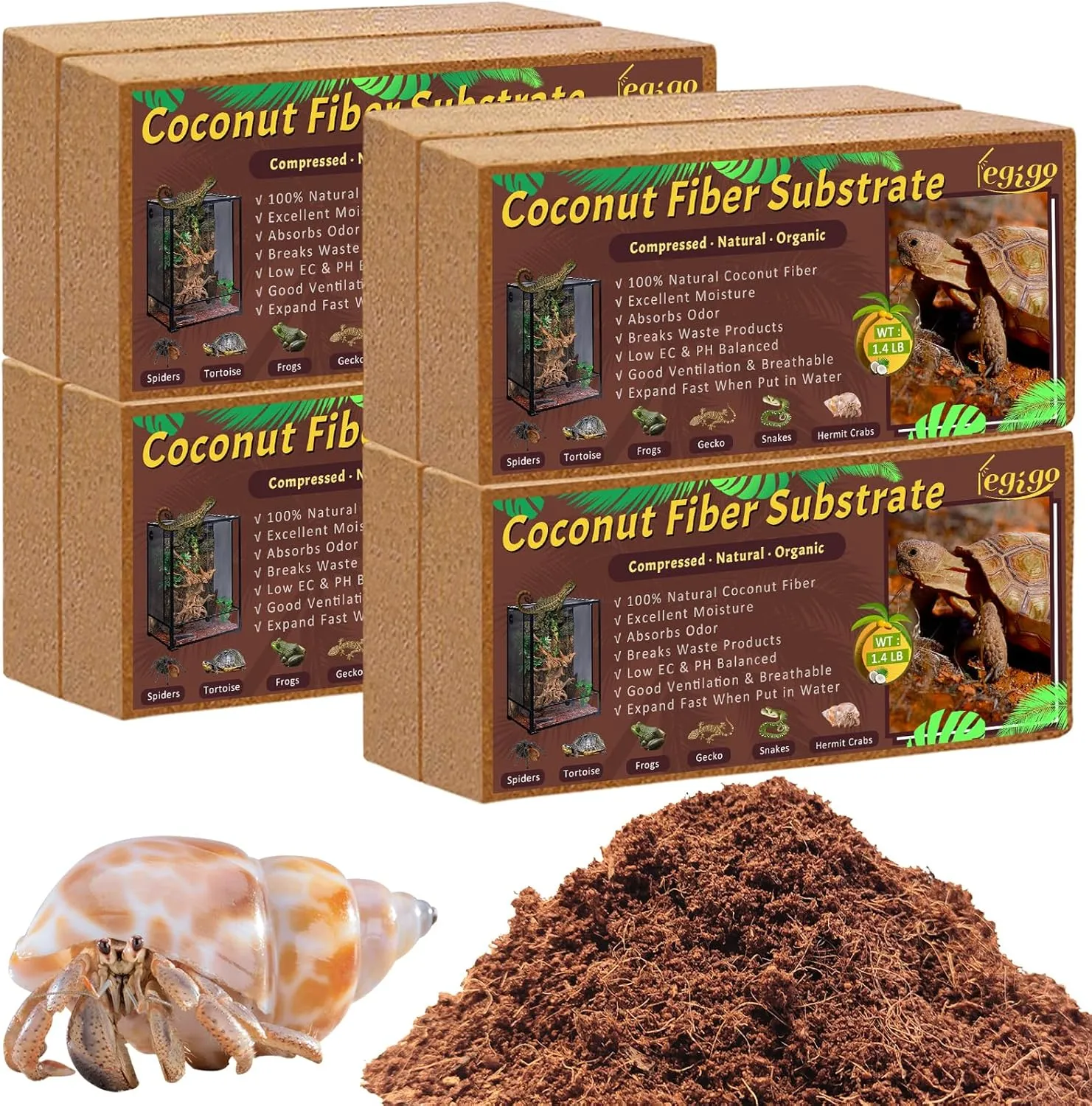 Legigo 8 Pack Compressed Coconut Fiber Substrate - 100% Organic Coconut Fiber Brick Bedding for Reptiles, Natural Coco Husk Substrate Terrarium Bedding for Snake, Hermit Crabs, Frogs, Tortoise, Gecko