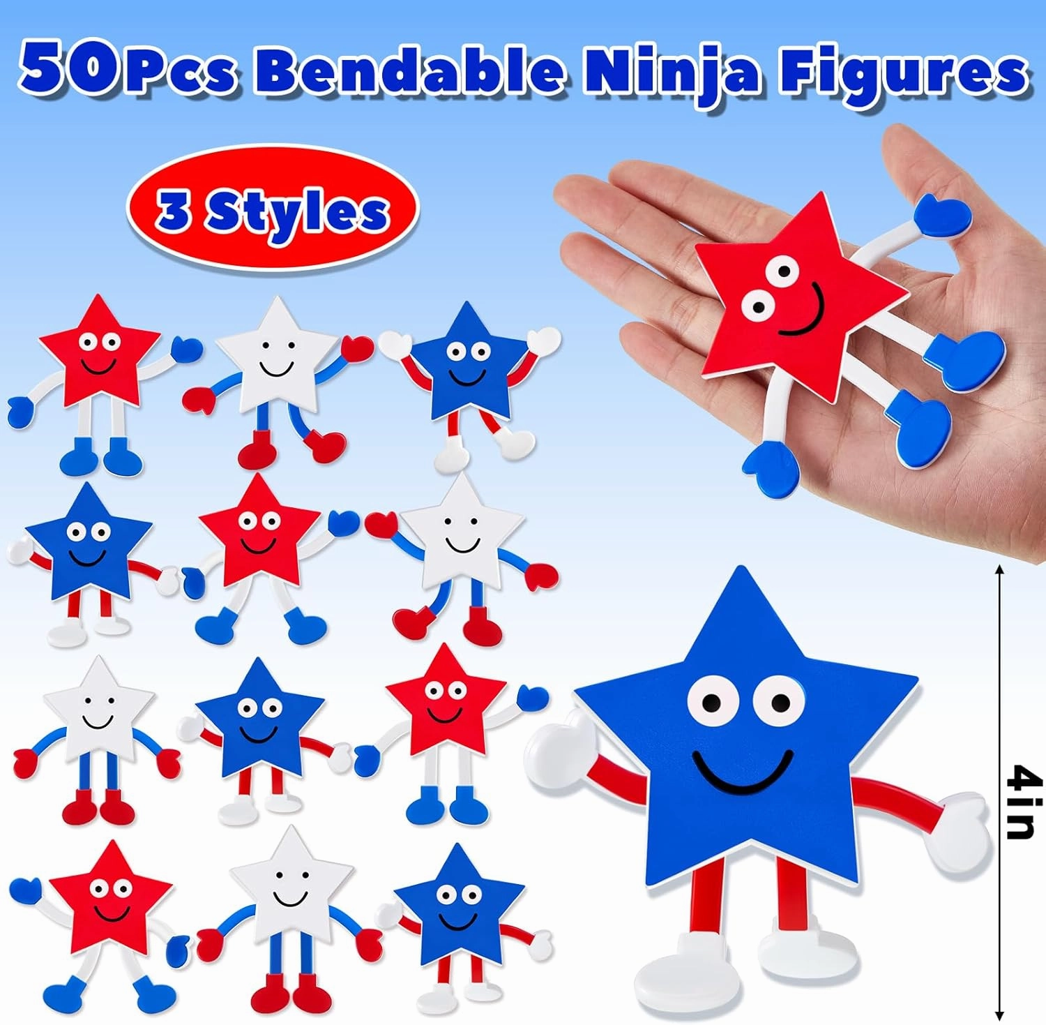 Leitee Patriotic Bendable Toys Posable 4th of July Parade Independence Day Party Favor Star Character Figures Stress Relief Fidget Toy Gift for Boy Girl Goodie Bag Stuffer, 3 Styles(24 Pcs)
