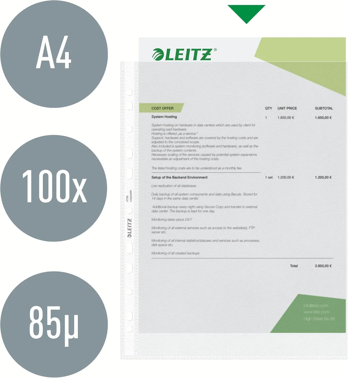 Leitz Quality Plastic Punched Pocket A4, Clear Matt Finish, Top Open, 85 Micron Polypropylene, Box of 100, 47900000