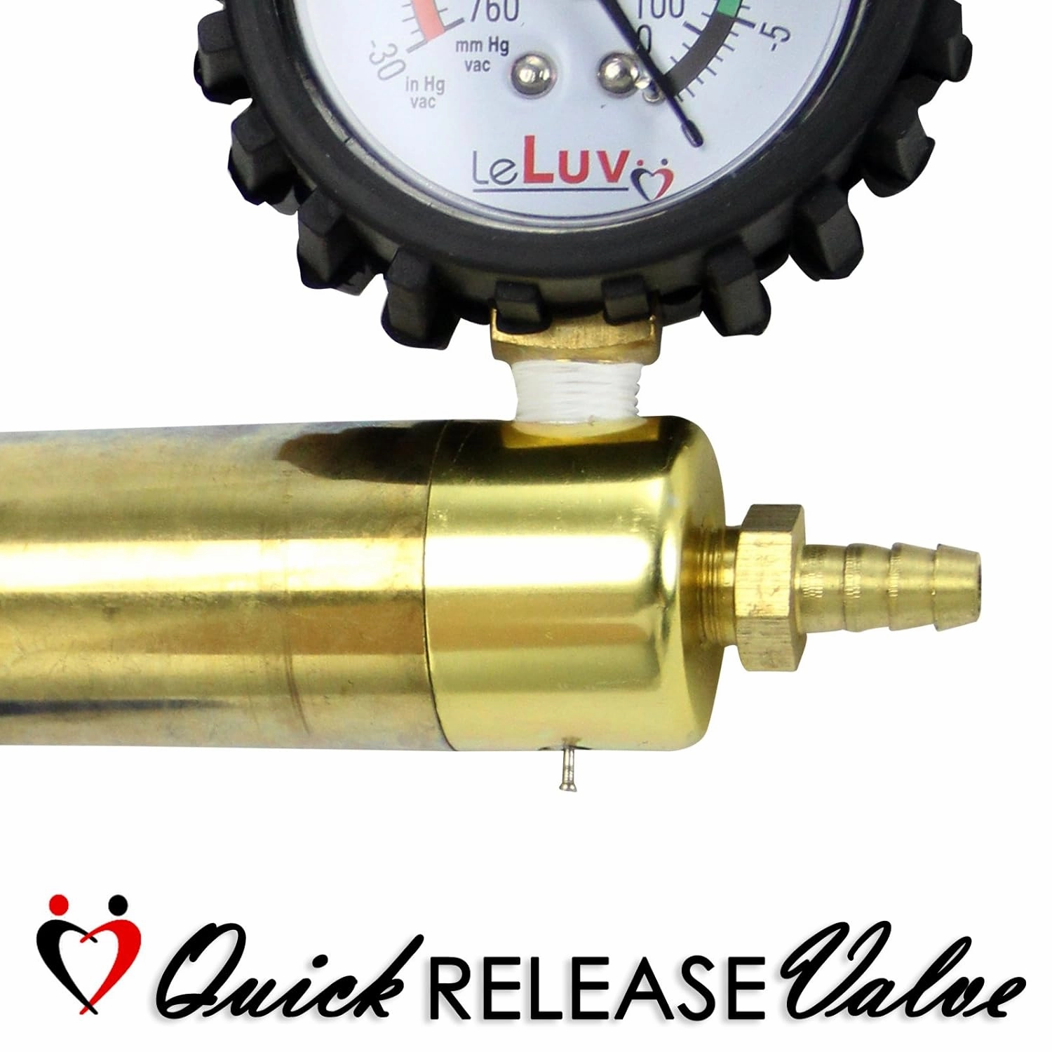 LeLuv Ultima Brass Vacuum Pump Handle - Gauge Installed with Protective Rubber Cover - Black Rubber Padded Grips, Clear Hose & Male O-Ring Fitting