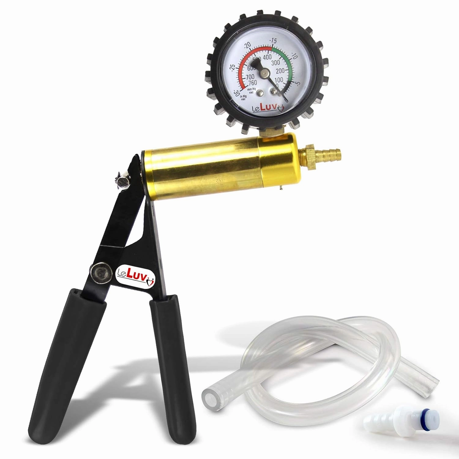 LeLuv Ultima Brass Vacuum Pump Handle - Gauge Installed with Protective Rubber Cover - Black Rubber Padded Grips, Clear Hose & Male O-Ring Fitting