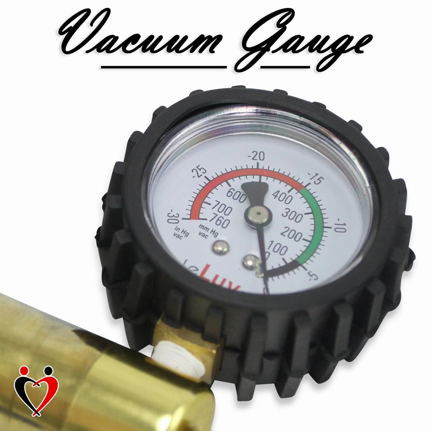 LeLuv Ultima Brass Vacuum Pump Handle - Gauge Installed with Protective Rubber Cover - Black Rubber Padded Grips, Clear Hose & Male O-Ring Fitting