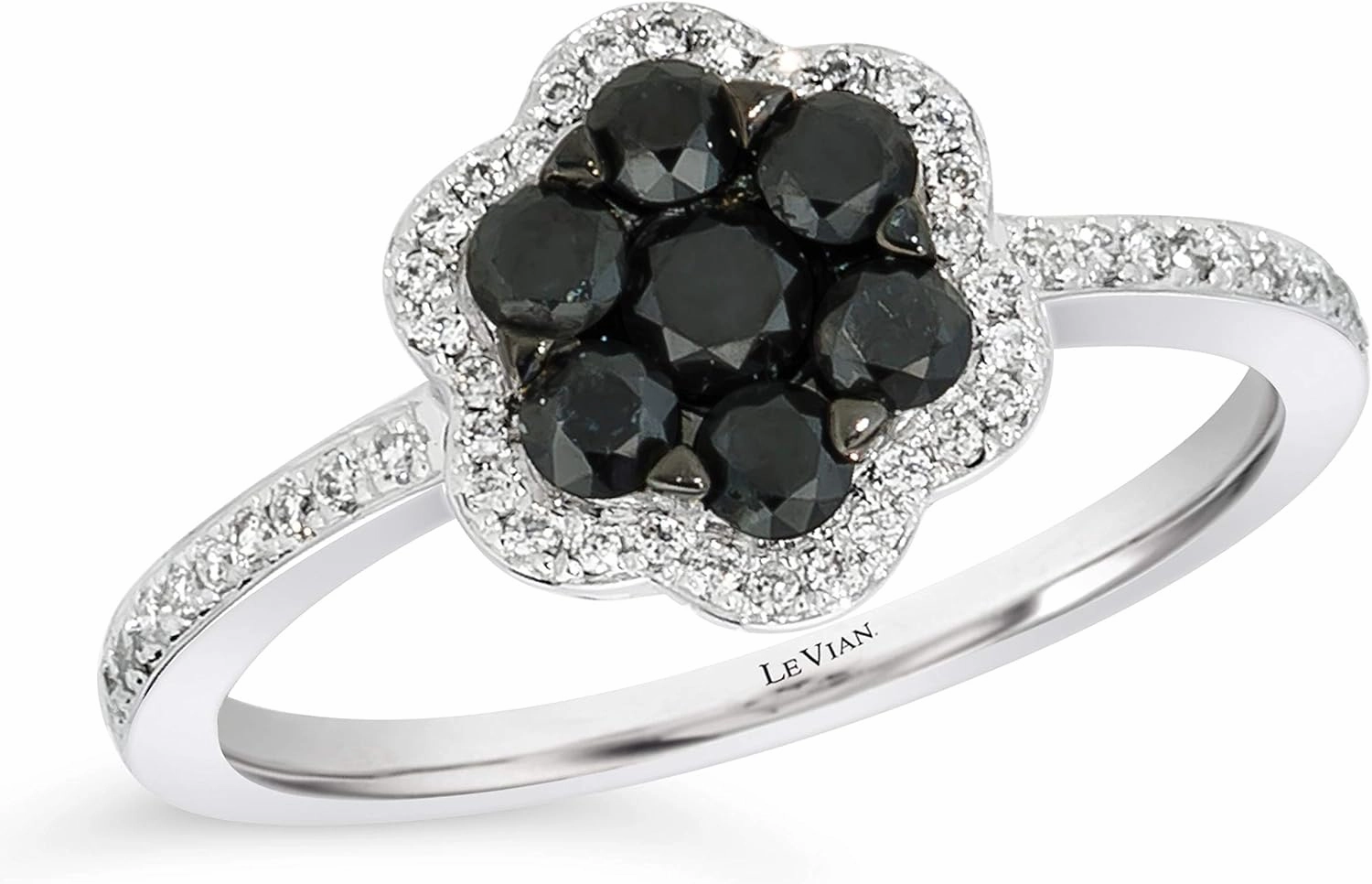 LeVian 14K White Gold 2/3 Cttw Black & White Diamond Halo Cluster Flower Ring (Fancy Black & H-I Color, SI2-I1 & VS2-SI1 Clarity) - Size 7