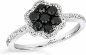 LeVian 14K White Gold 2/3 Cttw Black & White Diamond Halo Cluster Flower Ring (Fancy Black & H-I Color, SI2-I1 & VS2-SI1 Clarity) - Size 7