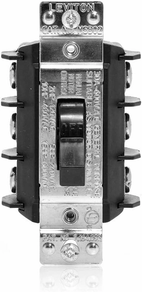 Leviton MS303-DS 30 Amp 600 Volt, Three-Pole, Three Phase AC Motor Starter, Suitable as Motor Disconnect, Toggle, Industrial Grade, Non-Grounding, Black
