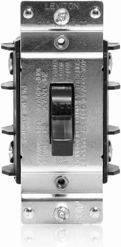 Leviton MS402-DS 40 Amp, 600 Volt, Double-Pole, Single Phase AC Motor Starter, Suitable as Motor Disconnect, Toggle, Industrial Grade, Non-Grounding, Black