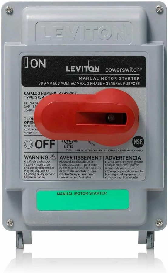 Leviton MS4X-303 30 Amp, 600 VAC, 3-Pole, Non-Fused Manual Motor Starter, Suitable as Motor Disconnect, Type 4X Thermoplastic Enclosure, IP67-Watertight