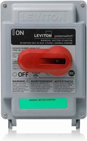 Leviton MS4X-303 30 Amp, 600 VAC, 3-Pole, Non-Fused Manual Motor Starter, Suitable as Motor Disconnect, Type 4X Thermoplastic Enclosure, IP67-Watertight