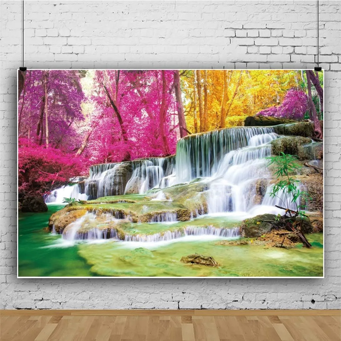Leyiyi 12x8ft Waterfall Vinyl Backdrop River Lake Mountain Majestic Beautiful Nature Landscape Forest Photography Background Colorful Trees Baby Family Portrait Photo Booth Shoot Studio Props