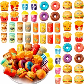 Leyndo 50 Pcs Mini Fast Food Toys Slow Rising Cute Food Bulk Soft Sensory Fidget Party Favors Hamburger Donut Stress Relief Toys for Girls Boys Birthday Party Decoration Gift Class Prize (Novel)